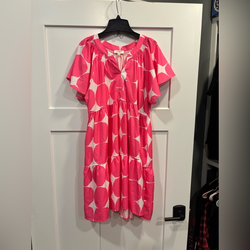 Umgee Pink Polka Dot Flutter Sleeve Notched Tiered Flowy Dress Size m - Picture 3 of 6